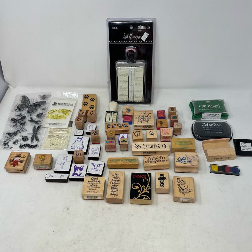 Lot of Vintage Rubber Ink Block Stamps & Ink Pads